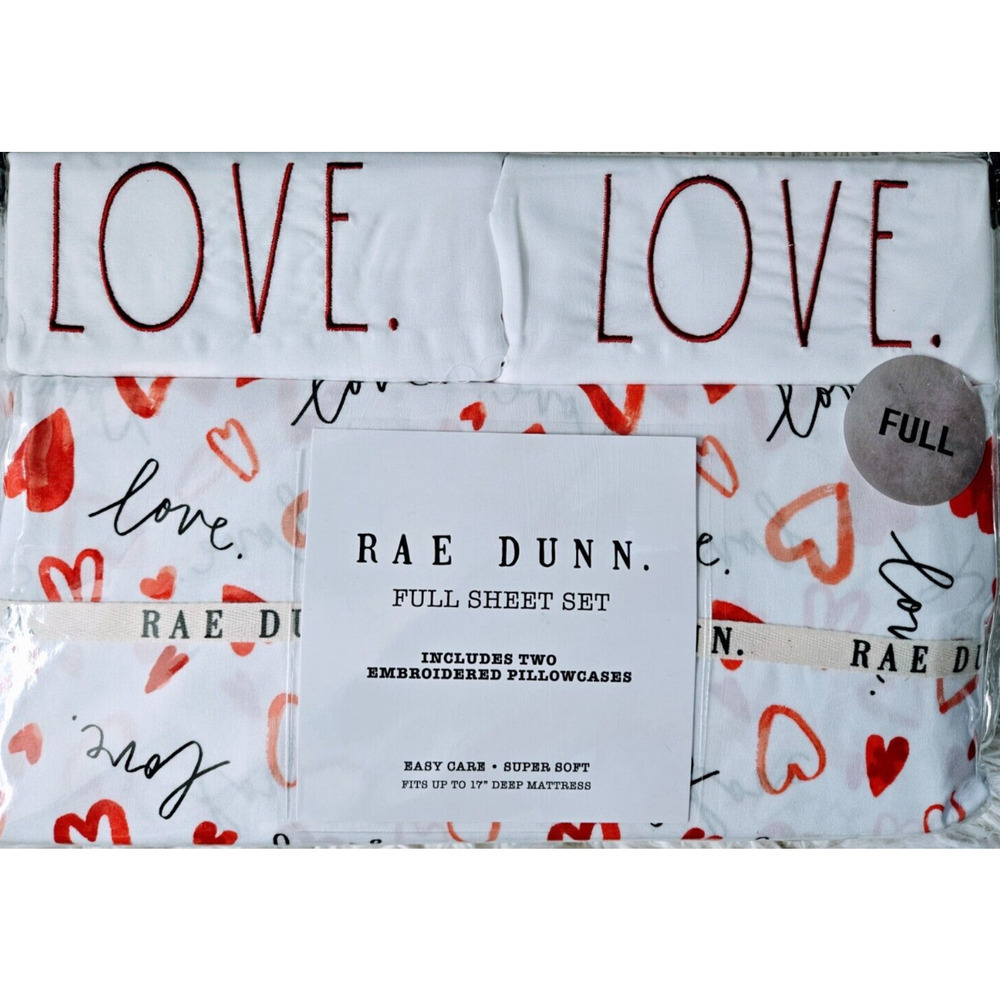 Rae Dunn Sheet Set Embroidered LOVE Pillowcases, Hearts, Valentine's day‎ = Full